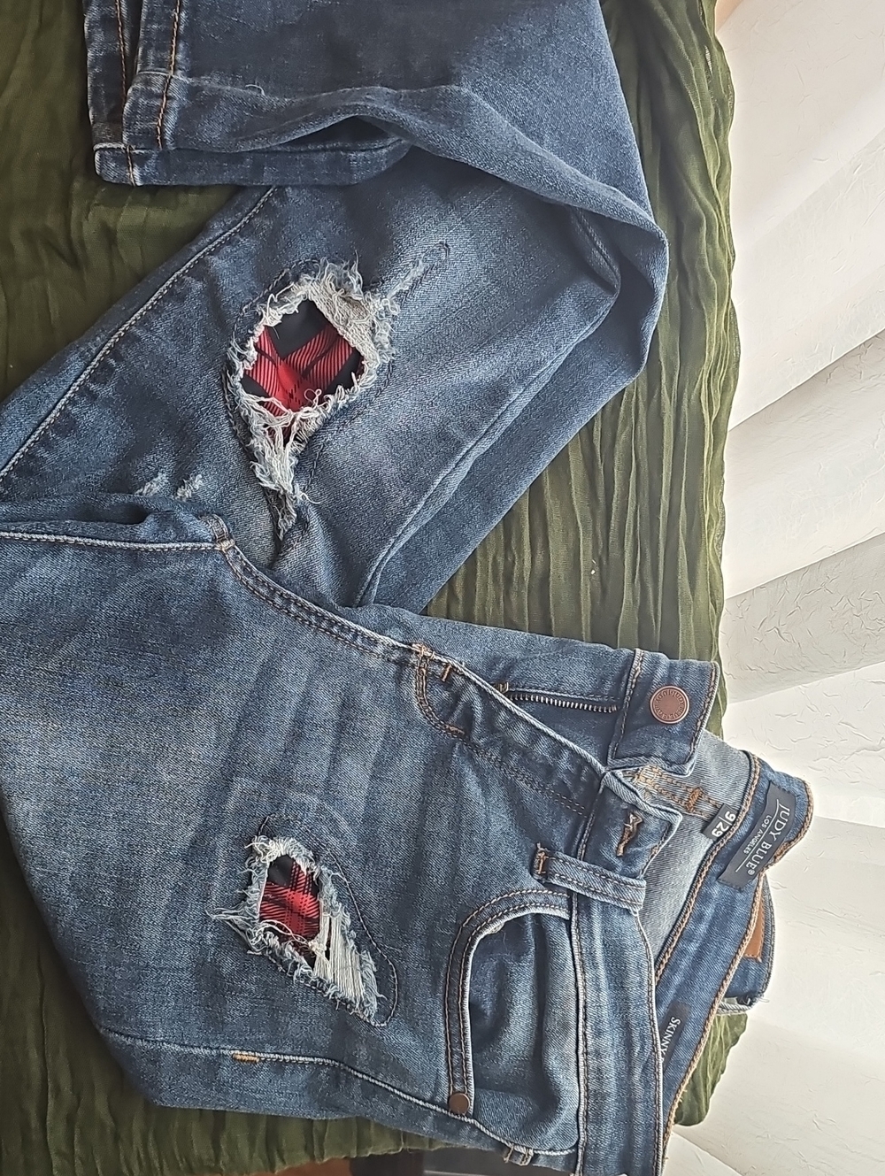 Judy Blue Blue Skinny Jeans with Red Plaid Patch